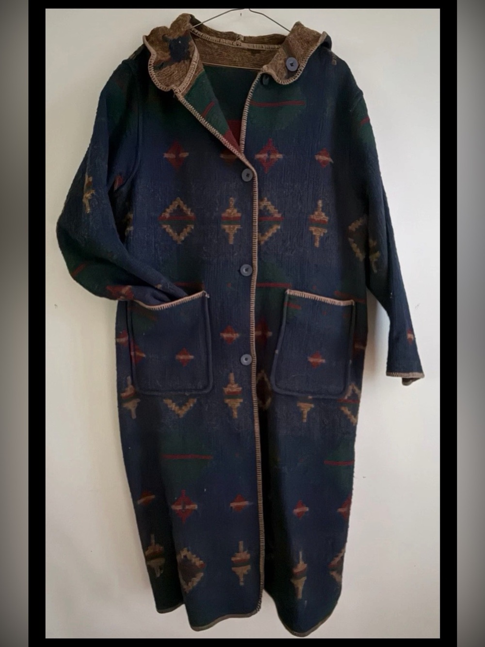 Woolrich Vintage Southwestern Wool Long Hooded Reversible Coat Blue Multi XL